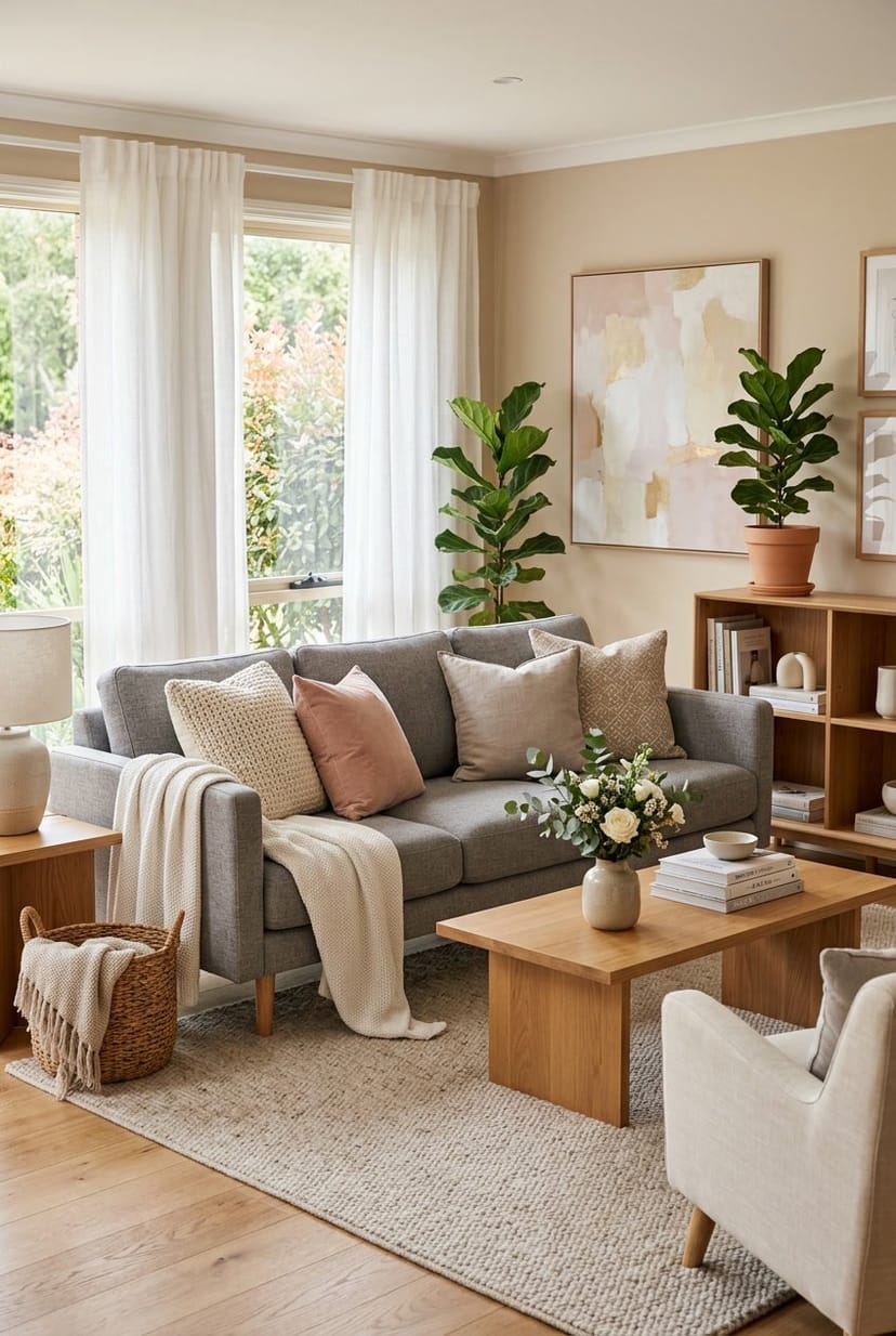 Gemütliches Wohnzimmer mit einem grauen Sofa, Kissen, einem Teppich, Pflanzen und natürlichem Licht.