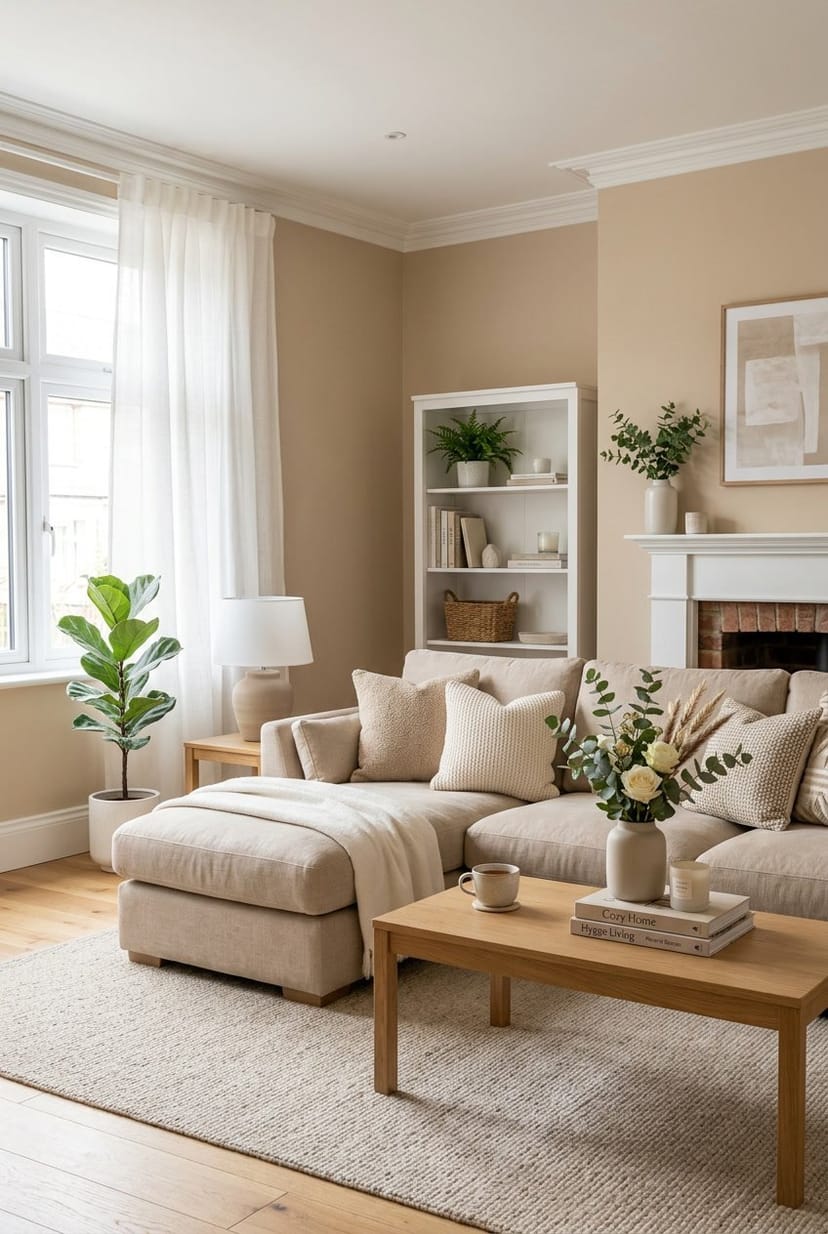 Gemütliches Wohnzimmer mit warmen beigen Wänden und matten weißen Akzenten, beiger Couch und natürlichem Licht.