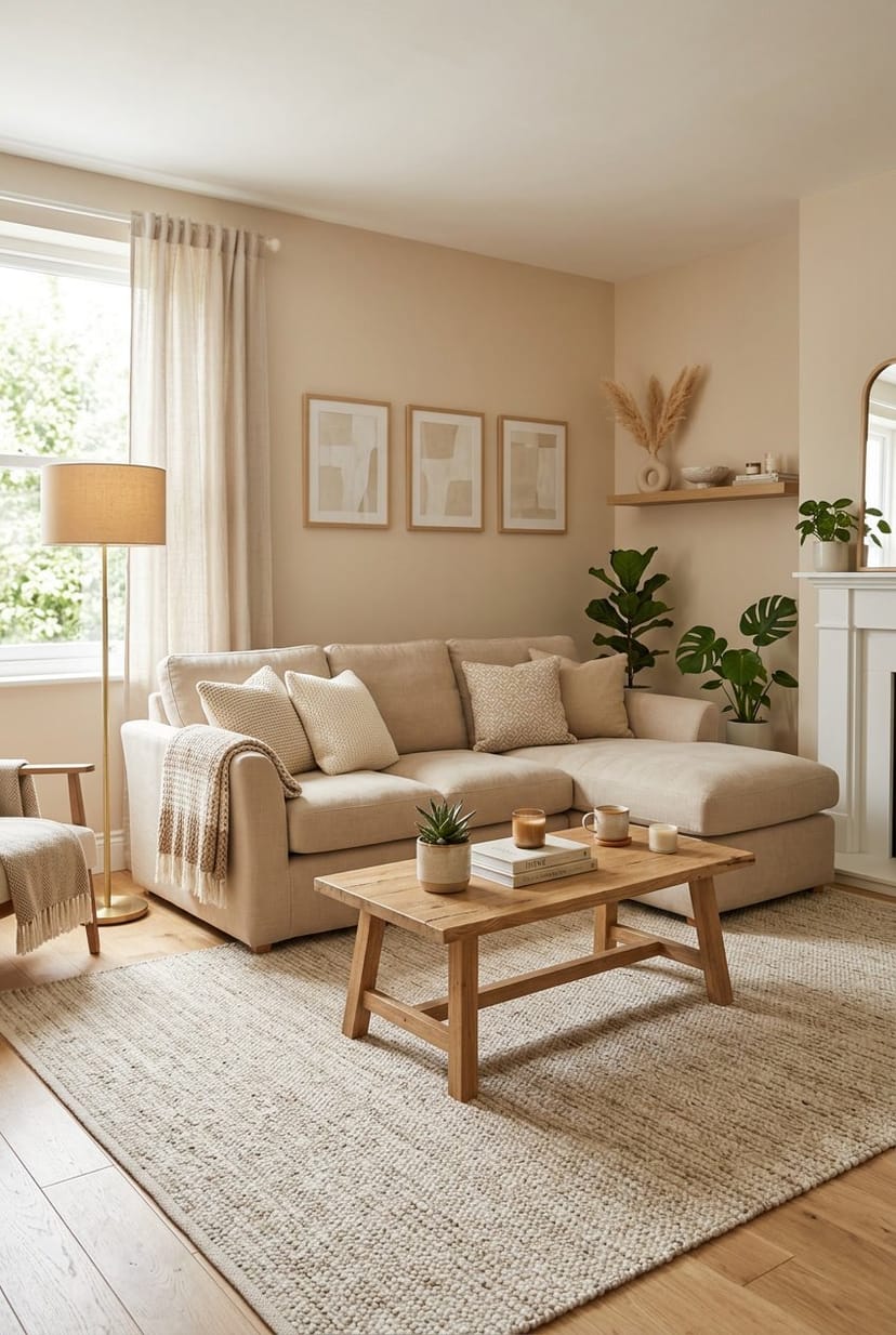 Gemütliches Wohnzimmer in warmen Beigetönen mit Sofa, Couchtisch, Pflanzen und warmem Licht.