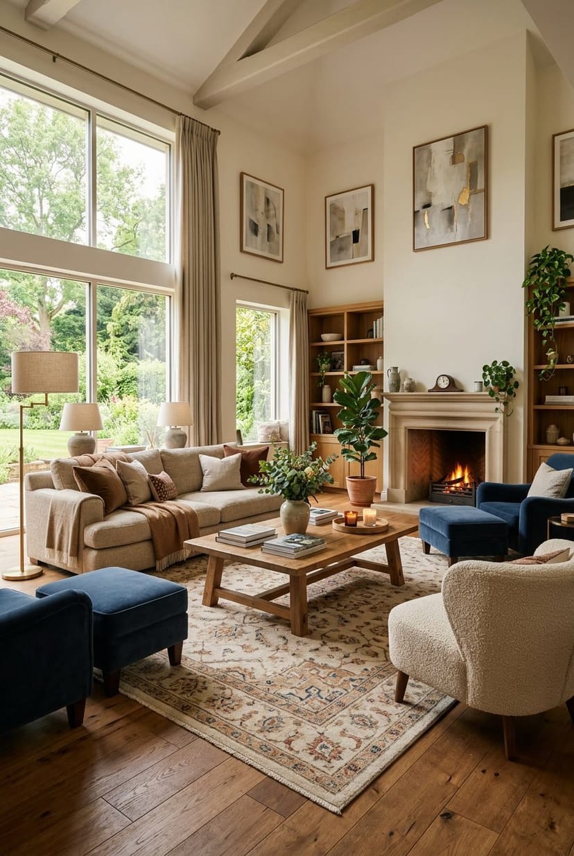 Ein großes Wohnzimmer mit gemütlichen Sofas, Teppich, Pflanzen und warmem Licht.