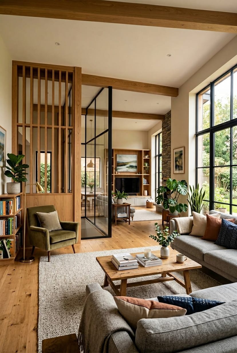 Großes Wohnzimmer mit gemütlichen Sitzbereichen, getrennt durch Holz- und Glasraumteiler.