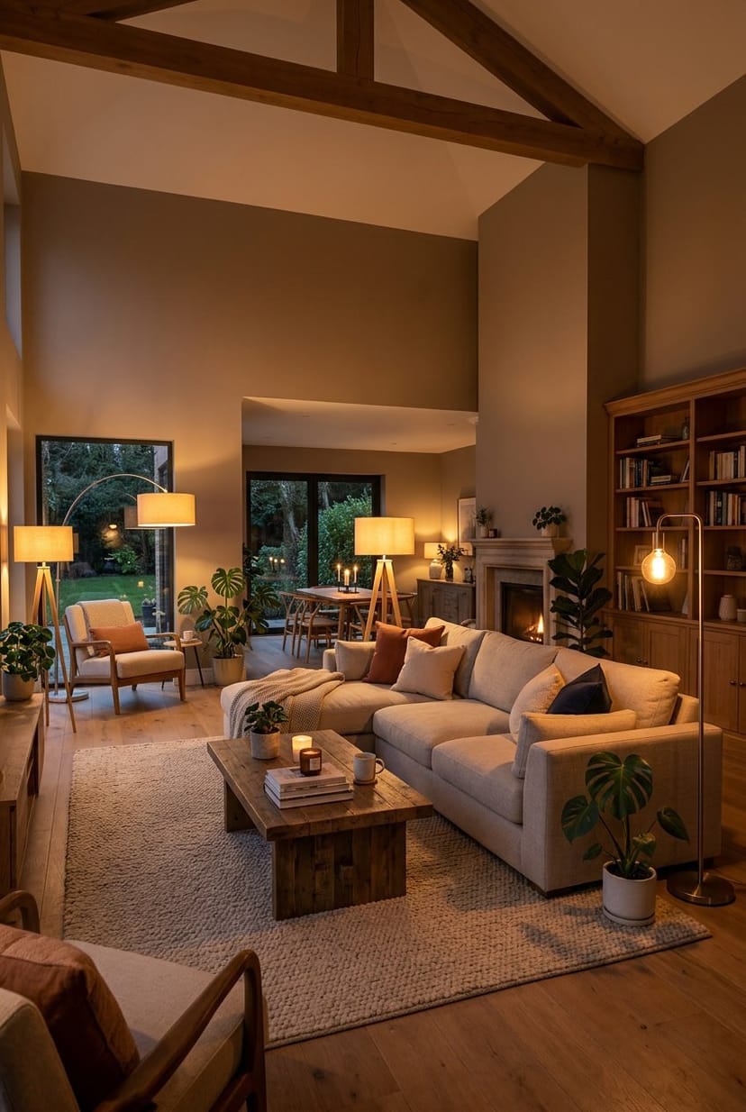 Großes Wohnzimmer mit mehreren dimmbaren Stehlampen, die warmes Licht spenden, gemütliche Sofas und Pflanzen.