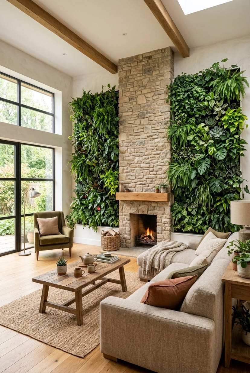 Großes Wohnzimmer mit gemütlicher Einrichtung und großen vertikalen Pflanzenwänden als Dekoration.