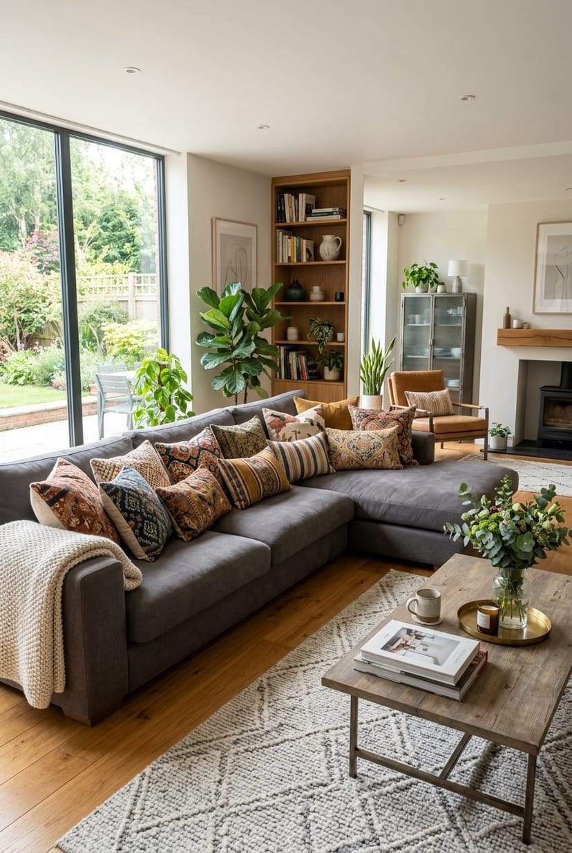 Großes Wohnzimmer mit einem Sofa, das mit gemusterten Kissen in verschiedenen Größen dekoriert ist.