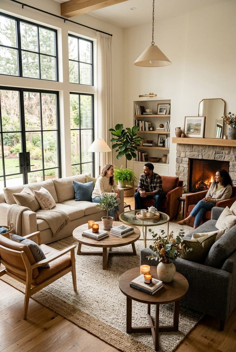 Großes Wohnzimmer mit mehreren runden Couchtischen und gemütlichen Sitzgelegenheiten, hell und einladend eingerichtet.