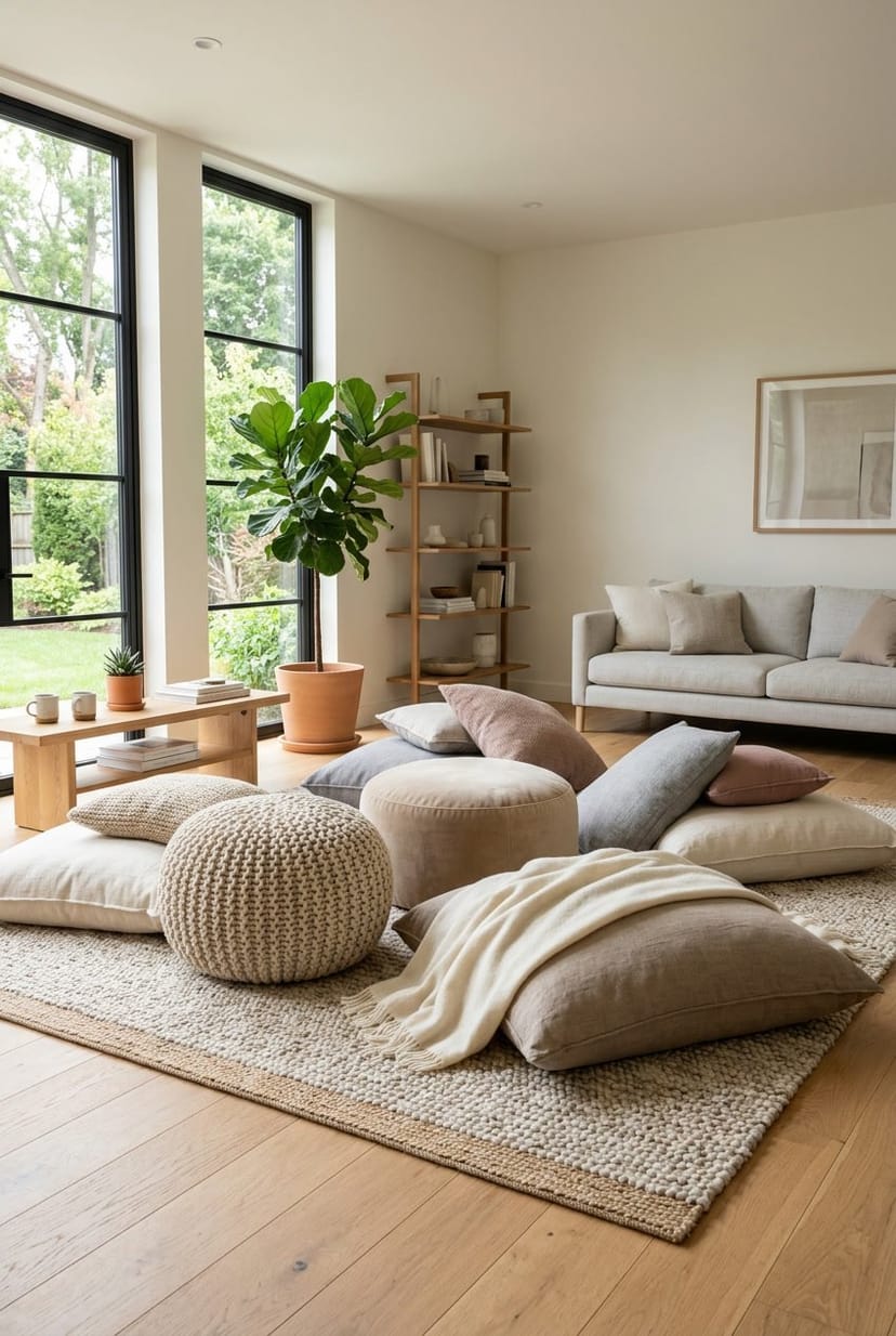 Großes Wohnzimmer mit großen Poufs und Sitzkissen, die gemütlich zum Entspannen einladen.