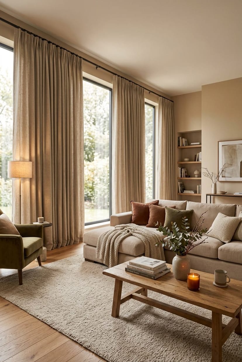 Großes Wohnzimmer mit gemütlichen, großen Stoffvorhängen, Sofa, Kaffeetisch und warmem Licht.