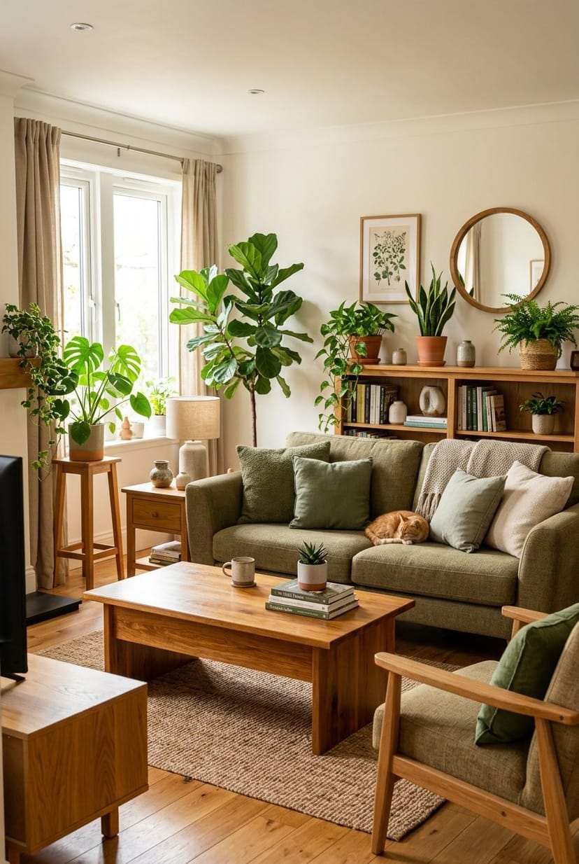 Gemütliches Wohnzimmer mit Eichenholzmöbeln und vielen grünen Pflanzen.