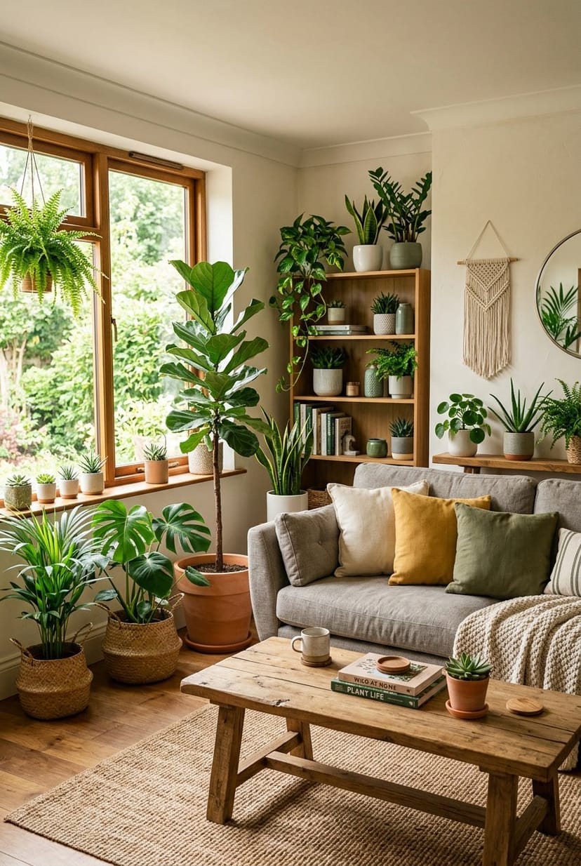 Gemütliches Wohnzimmer mit verschiedenen grünen Pflanzen in unterschiedlichen Größen, Sofa und natürlichem Licht.