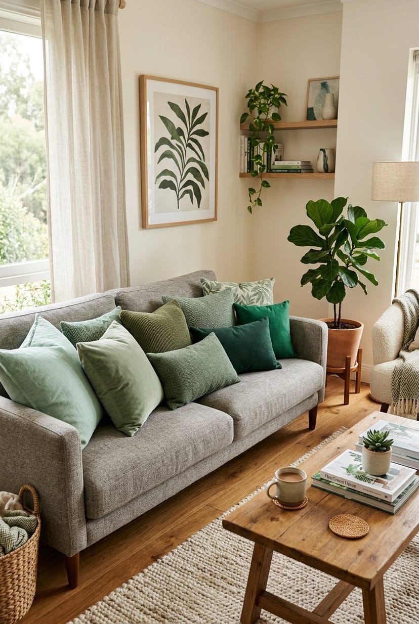 Ein gemütliches Wohnzimmer mit einem Sofa, das verschiedene grüne Kissen in unterschiedlichen Grüntönen zeigt.