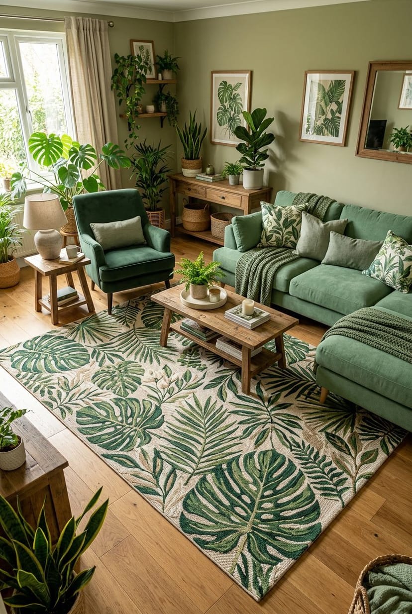 Gemütliches Wohnzimmer mit Teppich, der Blatt- und Dschungelmotive zeigt, umgeben von grünen Pflanzen und Möbeln.