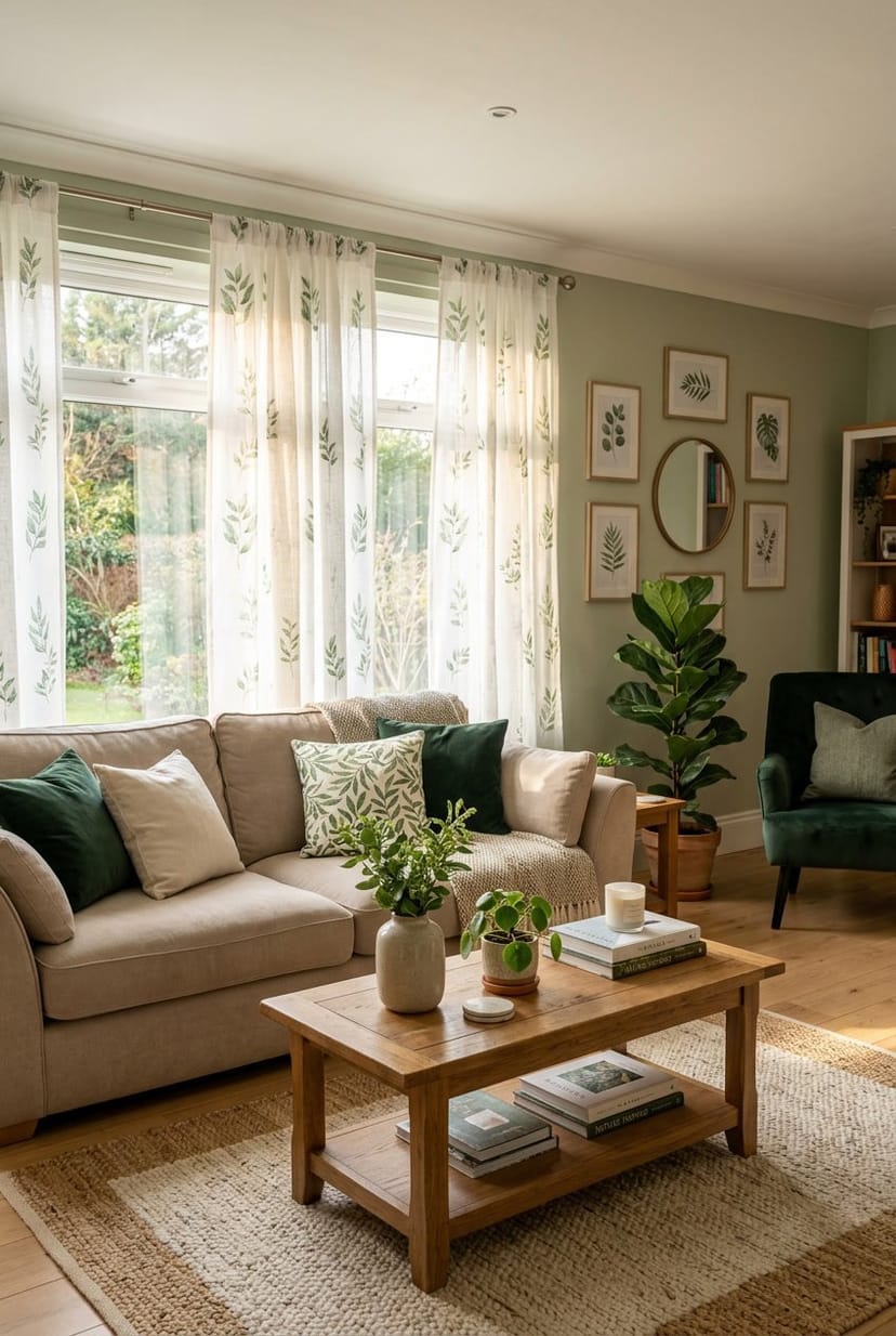 Gemütliches Wohnzimmer mit hellen Vorhängen, die grüne Muster haben, und grünen Pflanzen im Raum.