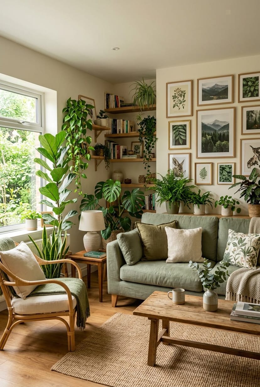 Gemütliches Wohnzimmer mit vielen grünen Pflanzen, Naturbildern an der Wand und Möbeln in Grüntönen.