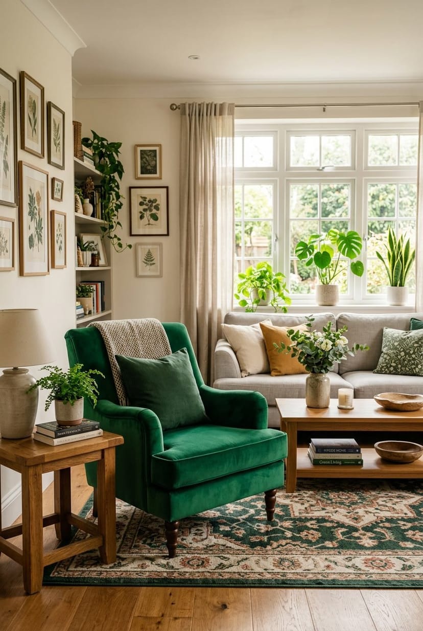Ein gemütliches Wohnzimmer mit einem grünen Sessel im Mittelpunkt, umgeben von Pflanzen und Dekorationen.