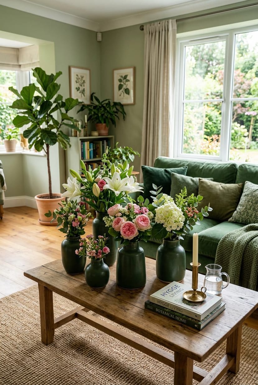 Ein gemütliches Wohnzimmer mit dunkelgrünen Vasen, die frische Blumen enthalten, auf einem Holztisch vor einem grünen Sofa.