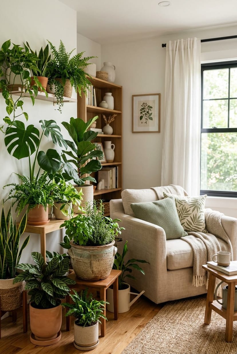Ein gemütliches Wohnzimmer mit vielen grünen Pflanzen und einem Kräutertopf auf einem Tisch.