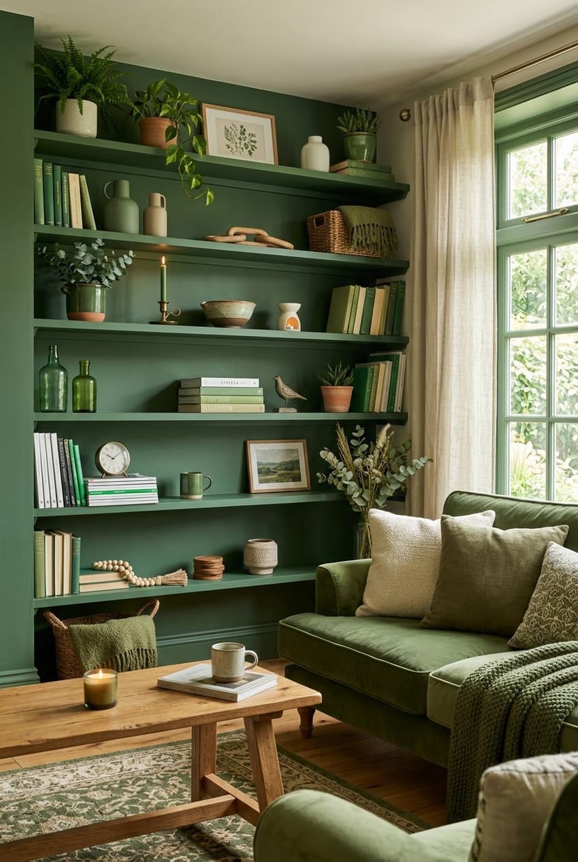 Gemütliches Wohnzimmer mit grün lackierten Wandregalen aus Holz, dekoriert mit Pflanzen und Büchern.