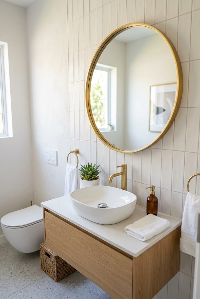 Ein modernes Gäste-WC mit einem runden Spiegel mit goldfarbenem Rahmen über einem weißen Waschbecken.