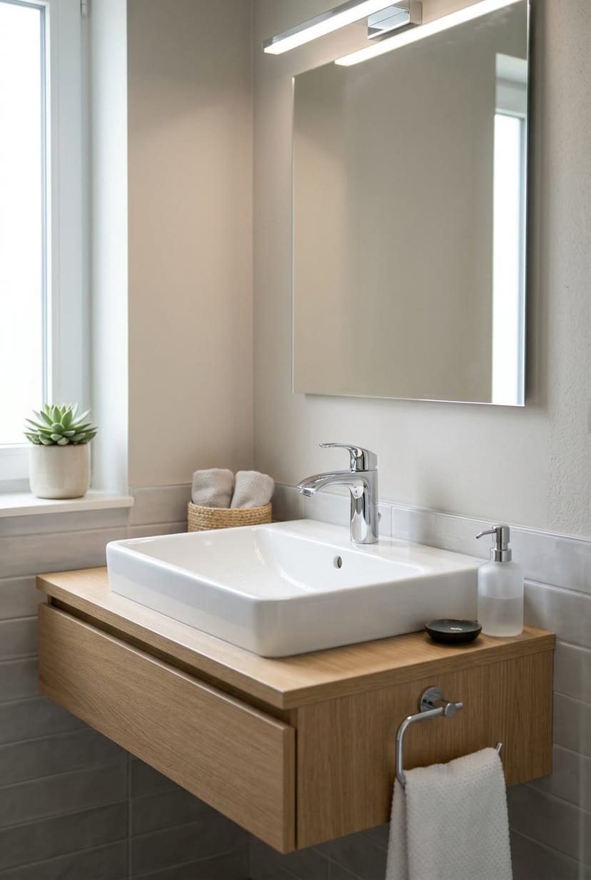 Kleines Waschbecken mit schlichter Armatur in einem Gäste-WC.