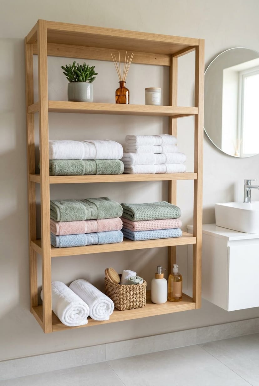 Offenes Regal mit frisch gefalteten Handtüchern und kleinen Pflanzen in einem modernen Gäste-WC.