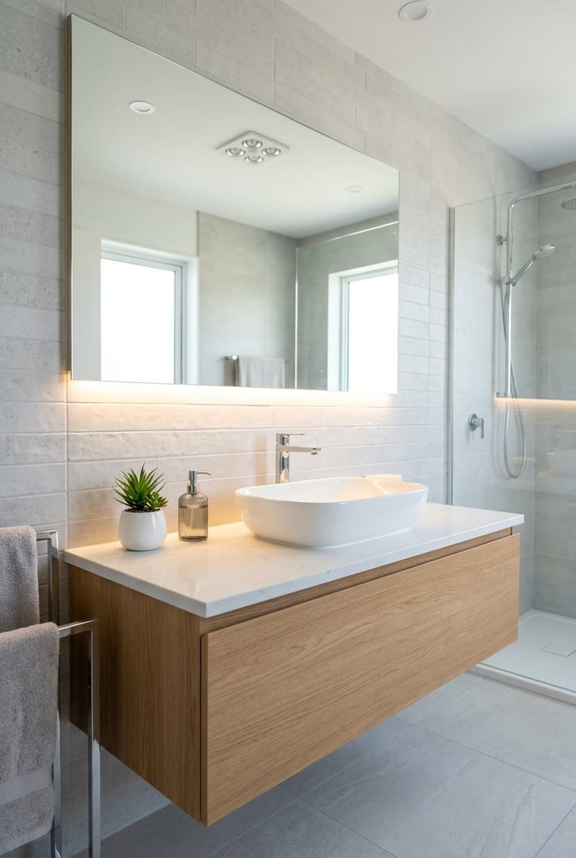 Modernes Gäste-WC mit integriertem LED-Licht unter dem Spiegel über einem weißen Waschbecken.