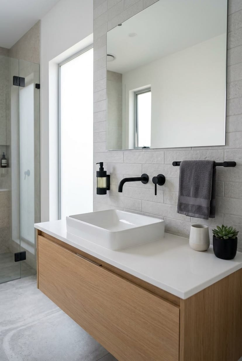 Ein modernes Gäste-WC mit schwarzen Armaturen, einem weißen Waschbecken und minimalistischem Design.