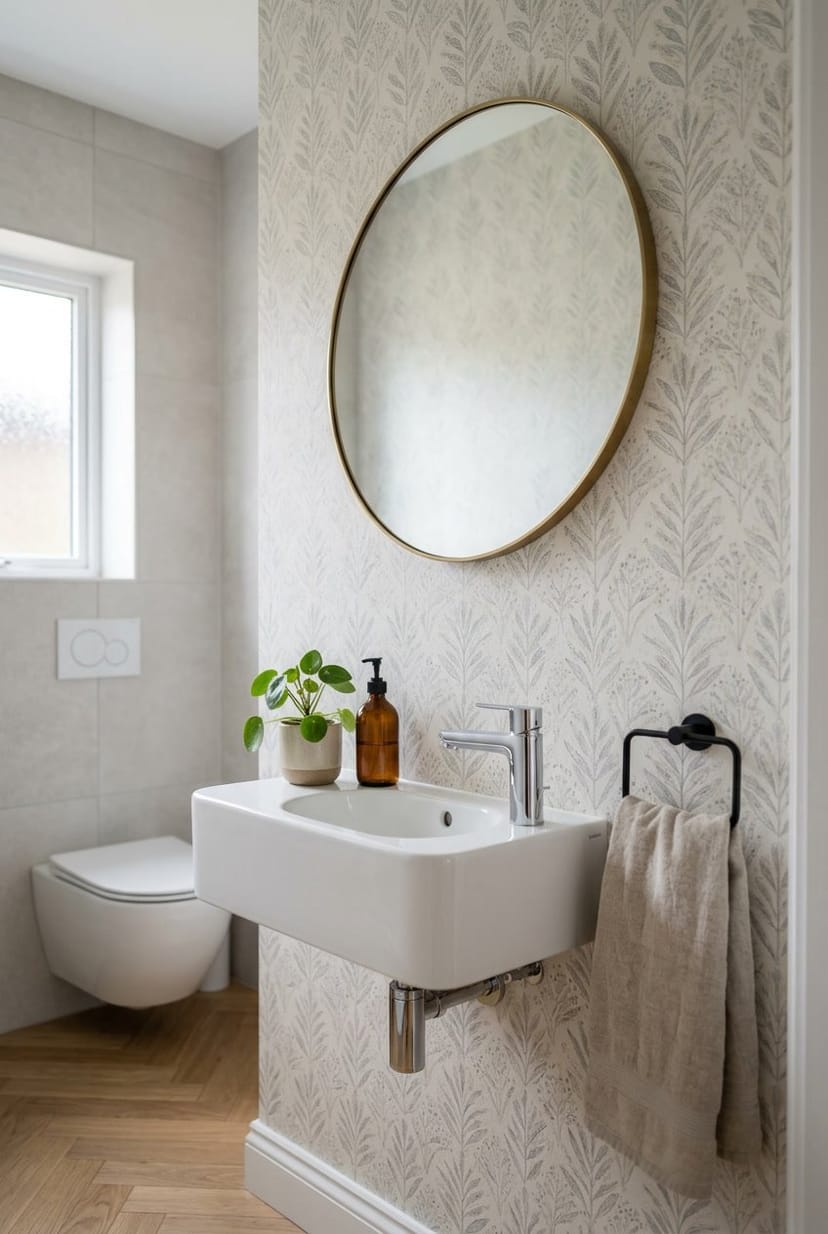 Ein modernes Gäste-WC mit einem kleinen Waschbecken, rundem Spiegel und dezent gemusterter Wandtapete.