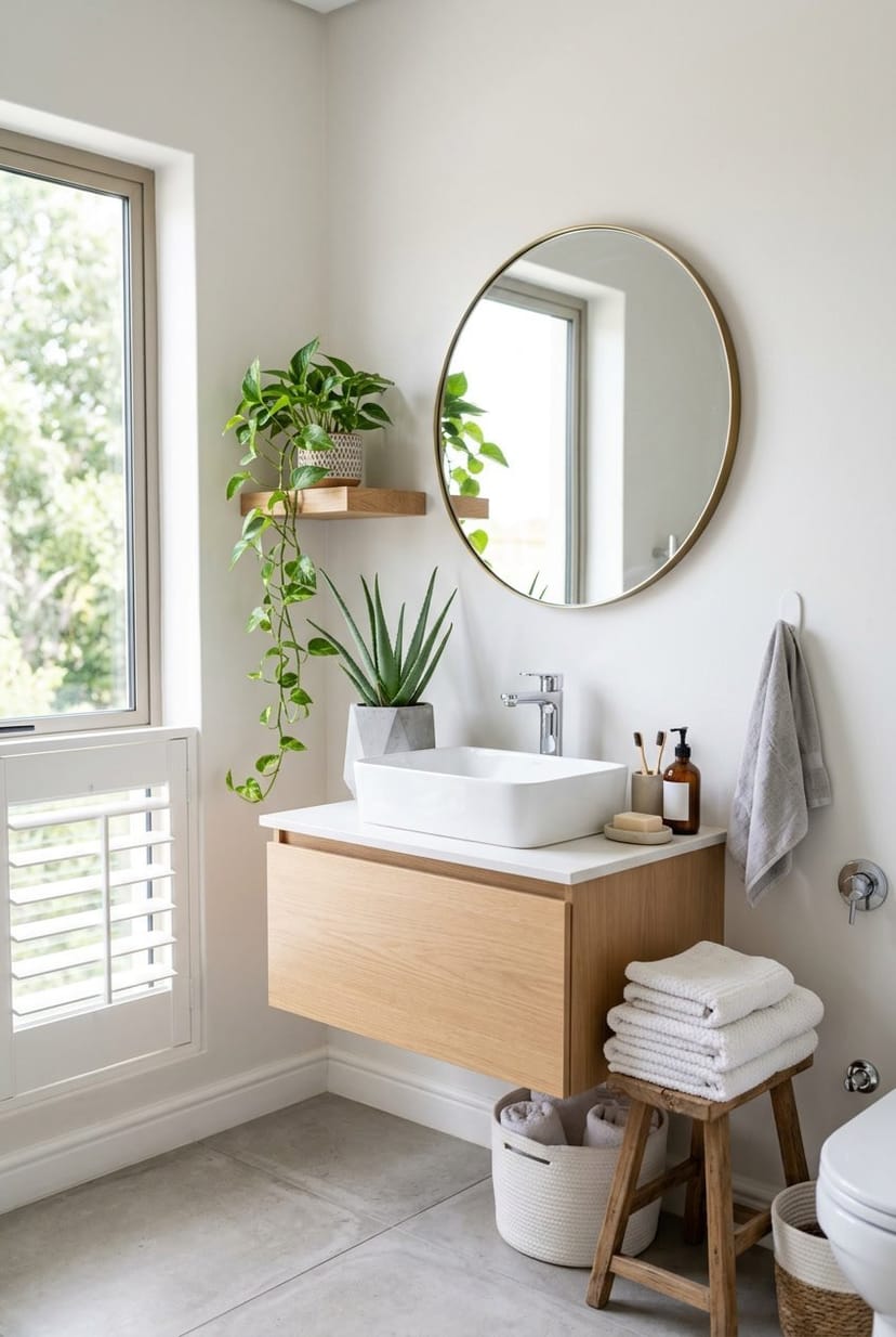 Modernes Gäste-WC mit grünen Pflanzen wie Efeutute und Aloe Vera auf einem Regal neben einem Waschbecken.