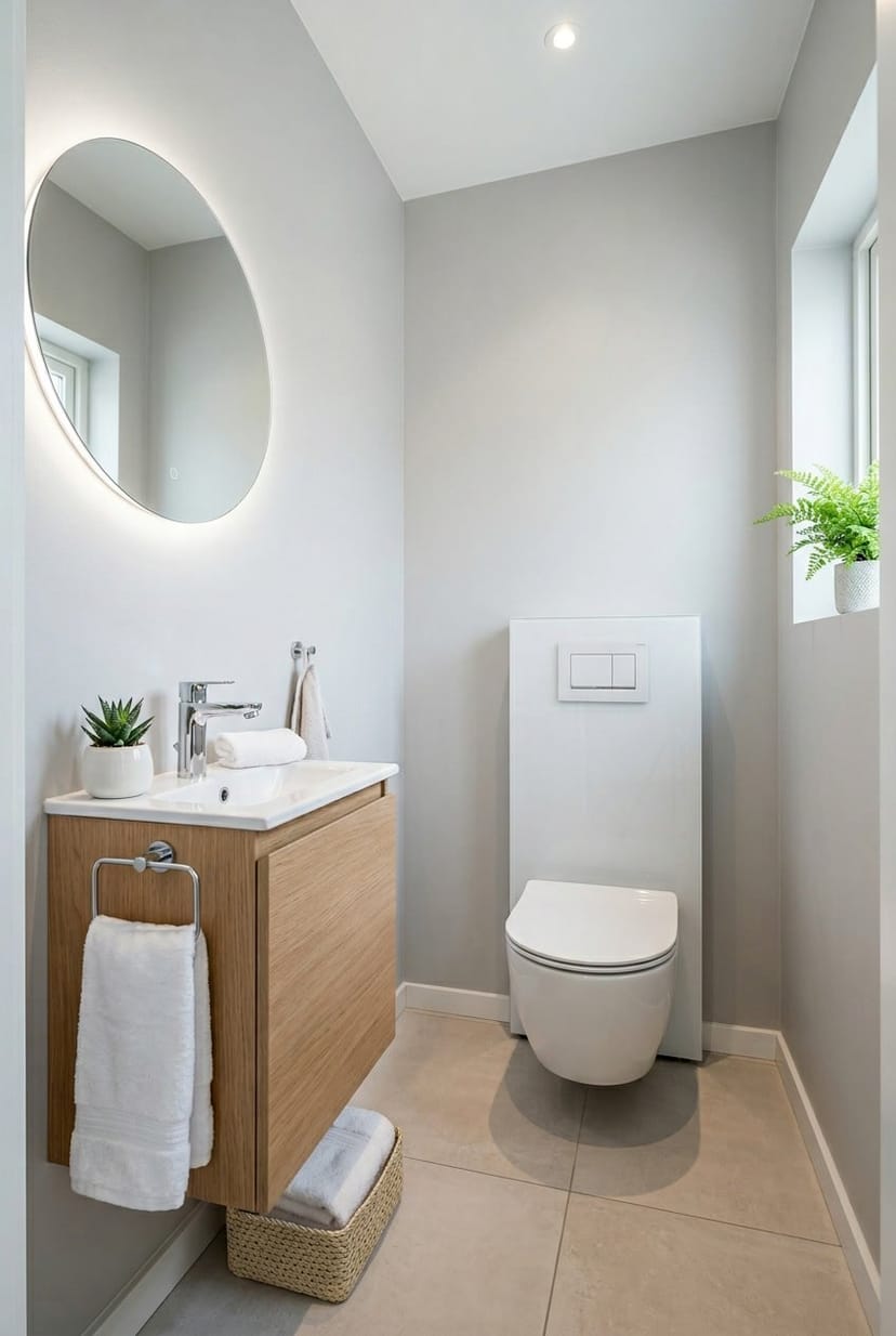 Kompaktes Gäste-WC mit schlanker Toilette, Waschbecken, Spiegel und Pflanzen.