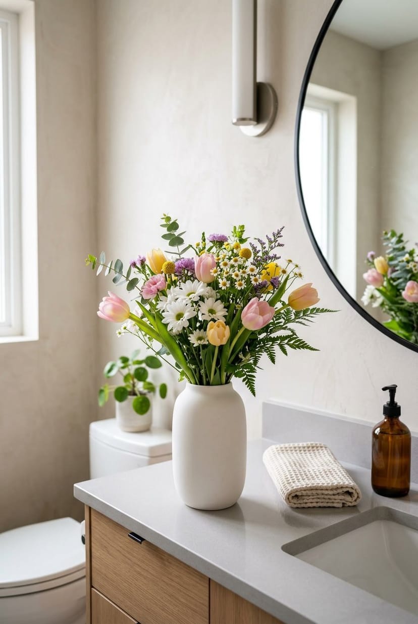 Eine freistehende Vase mit saisonalen Blumen steht in einem modernen Gäste-WC auf einer Ablage.