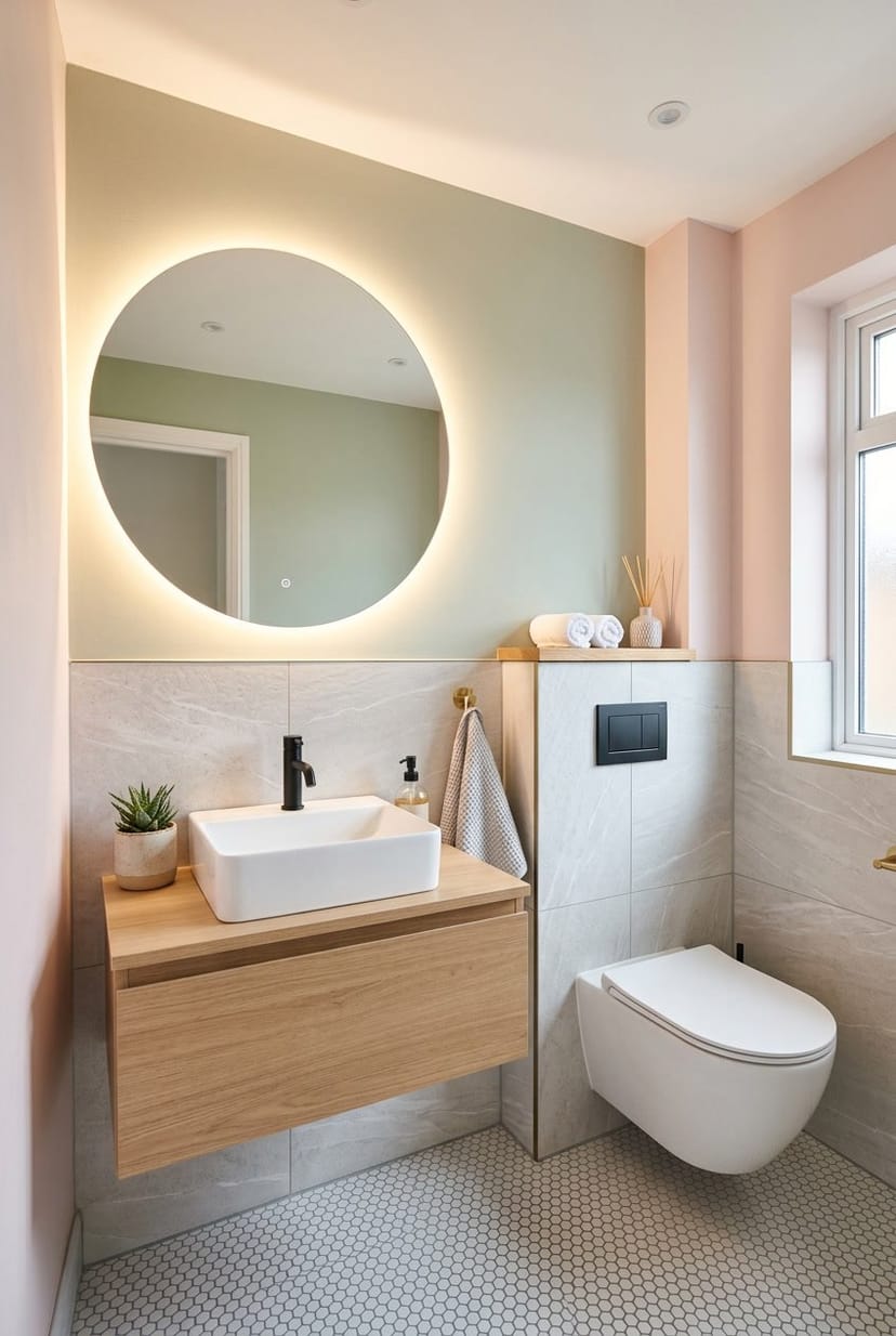 Modernes Gäste-WC mit Waschbecken, Spiegel und dekorativen Elementen, beleuchtet durch warmes Licht.