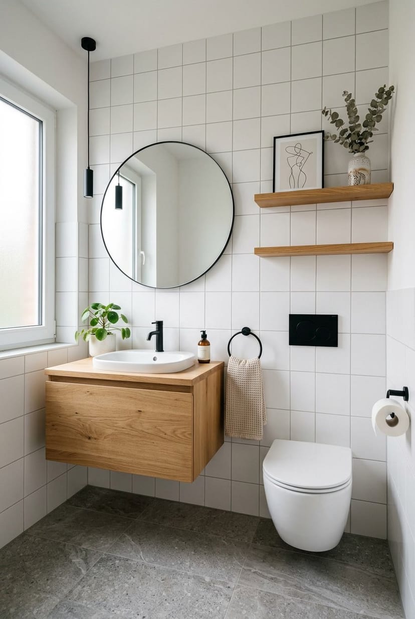 Kleines modernes Gäste-WC mit weißen Fliesen, Holzwaschtisch, schwarzer Armatur, grünem Pflanzenakzent und rundem Spiegel.