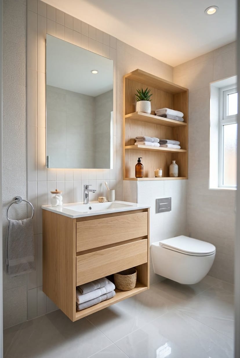 Ein modernes Gästebadezimmer mit Waschbecken, Spiegel, Schränken und dekorativen Elementen.