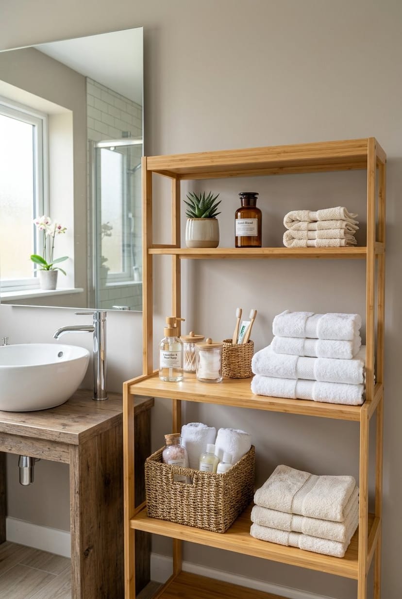 Ein Gäste-WC mit offenen Bambusregalen, die mit Handtüchern und Badezimmerutensilien gefüllt sind.