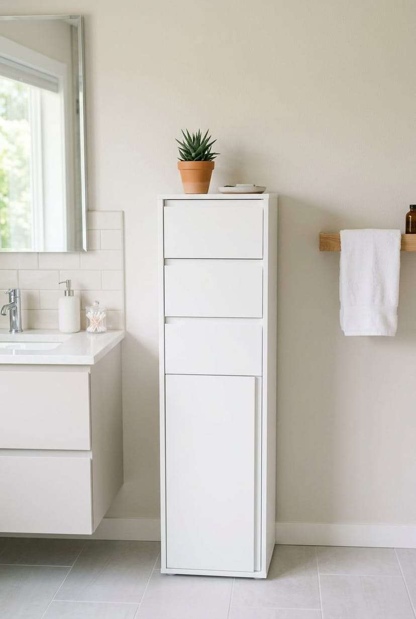 Ein hoher weißer Schrank in einem hellen Badezimmer mit einigen Badezimmeraccessoires.