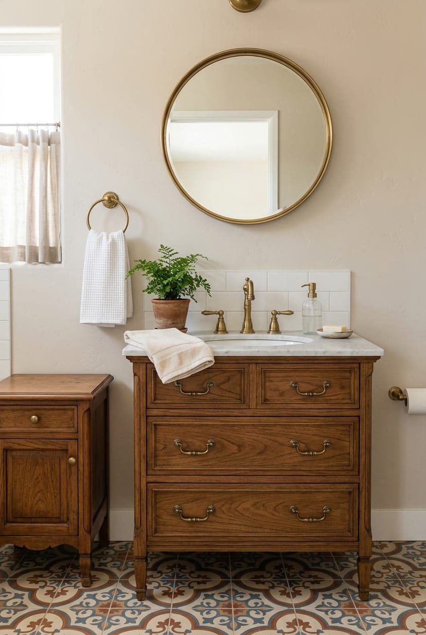 Gäste-WC mit Holzmöbeln und Messinggriffen, Waschbecken und dekorativen Elementen.