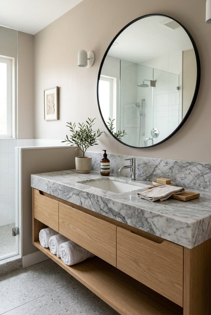 Gäste-WC mit Möbeln und einer Arbeitsplatte aus Naturstein, Spiegel und Pflanzen im Hintergrund.