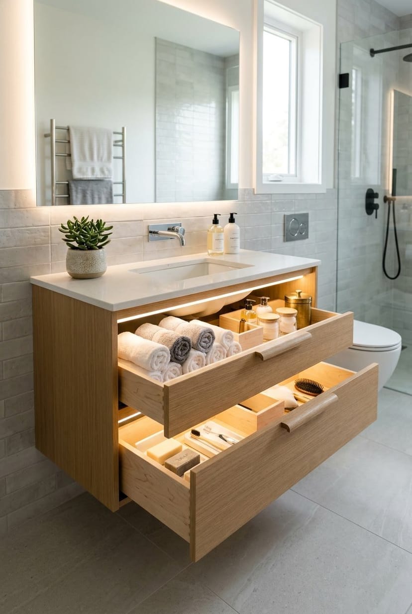 Ein Gäste-WC mit einem modernen Möbelstück, das beleuchtete Schubladen zeigt, in denen Badutensilien ordentlich verstaut sind.