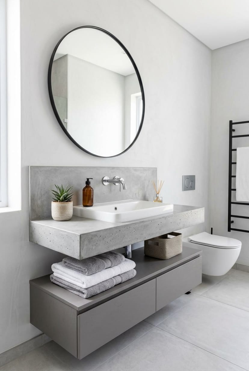 Gäste-WC mit einem Waschbecken und Möbeln in Betonoptik, sauber und ordentlich eingerichtet.