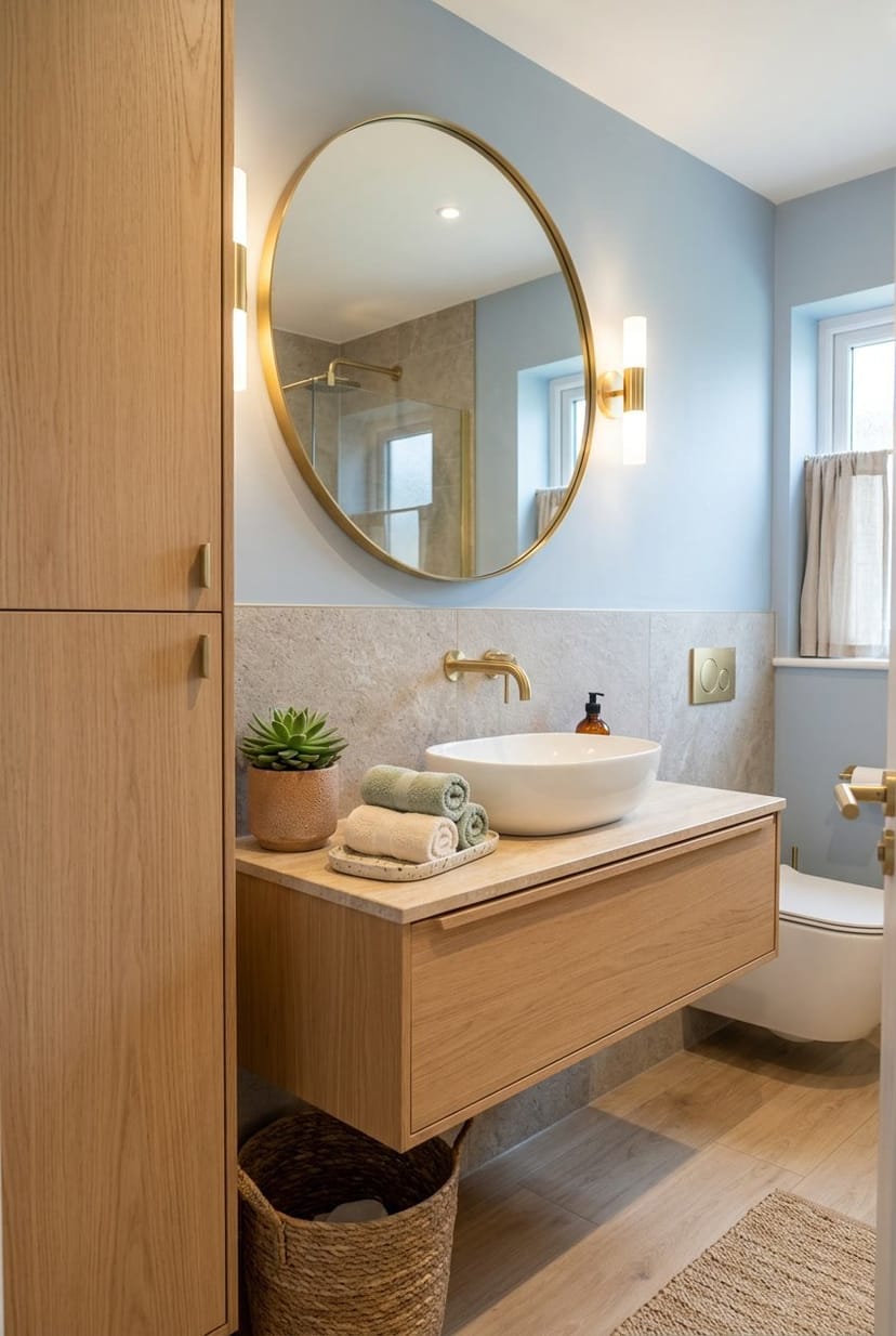 Ein modernes Gäste-WC mit Waschbecken, Spiegel, Schränken und dekorativen Elementen in warmem Licht.