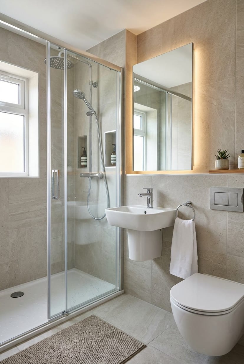 Kleines Gäste-WC mit Dusche, Waschbecken, Spiegel und modernen Armaturen.