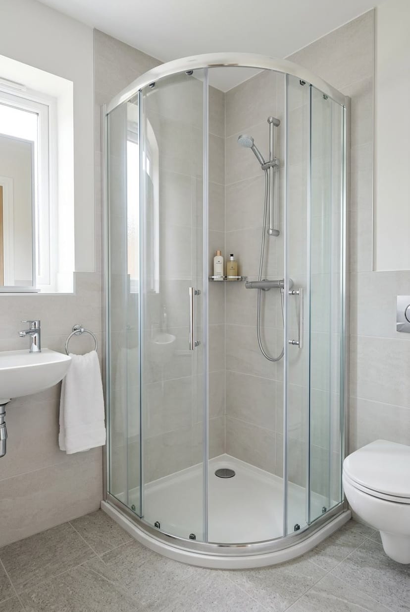 Kompakte Duschkabine mit Schiebetür in einem kleinen, modernen Gäste-WC.