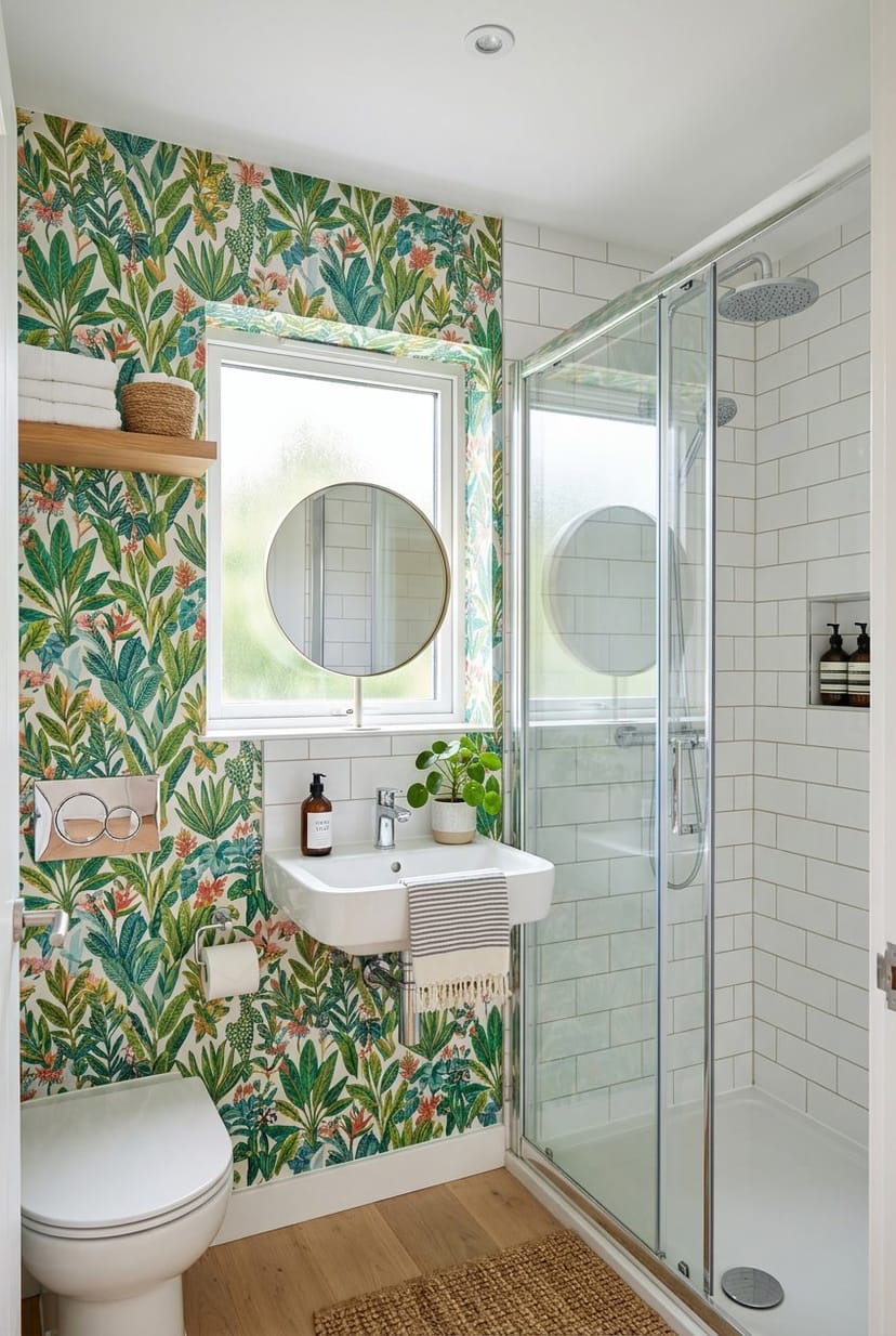 Helles Gäste-WC mit Dusche, bunten wasserfesten Tapeten und modernen Armaturen.