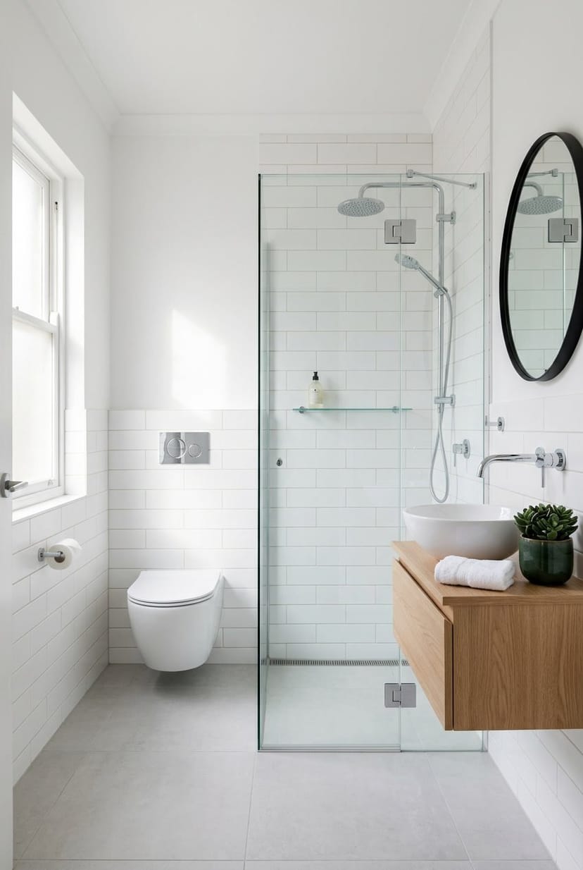 Ein modernes Gäste-WC mit wandhängendem WC, einer Glasdusche und hellen Fliesen.