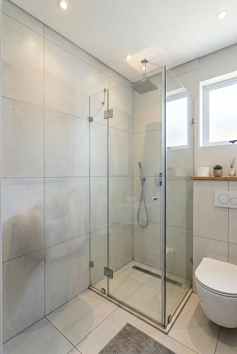 Kleines Eckwaschbecken ohne Unterschrank in einem Gäste-WC mit Dusche.