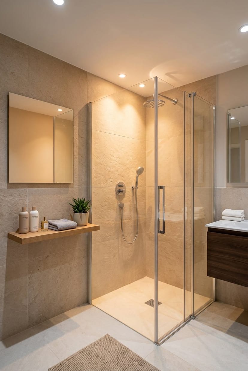 Gäste-WC mit Dusche, beleuchtet von Spotbeleuchtung über der Duschkabine für eine gemütliche Stimmung.