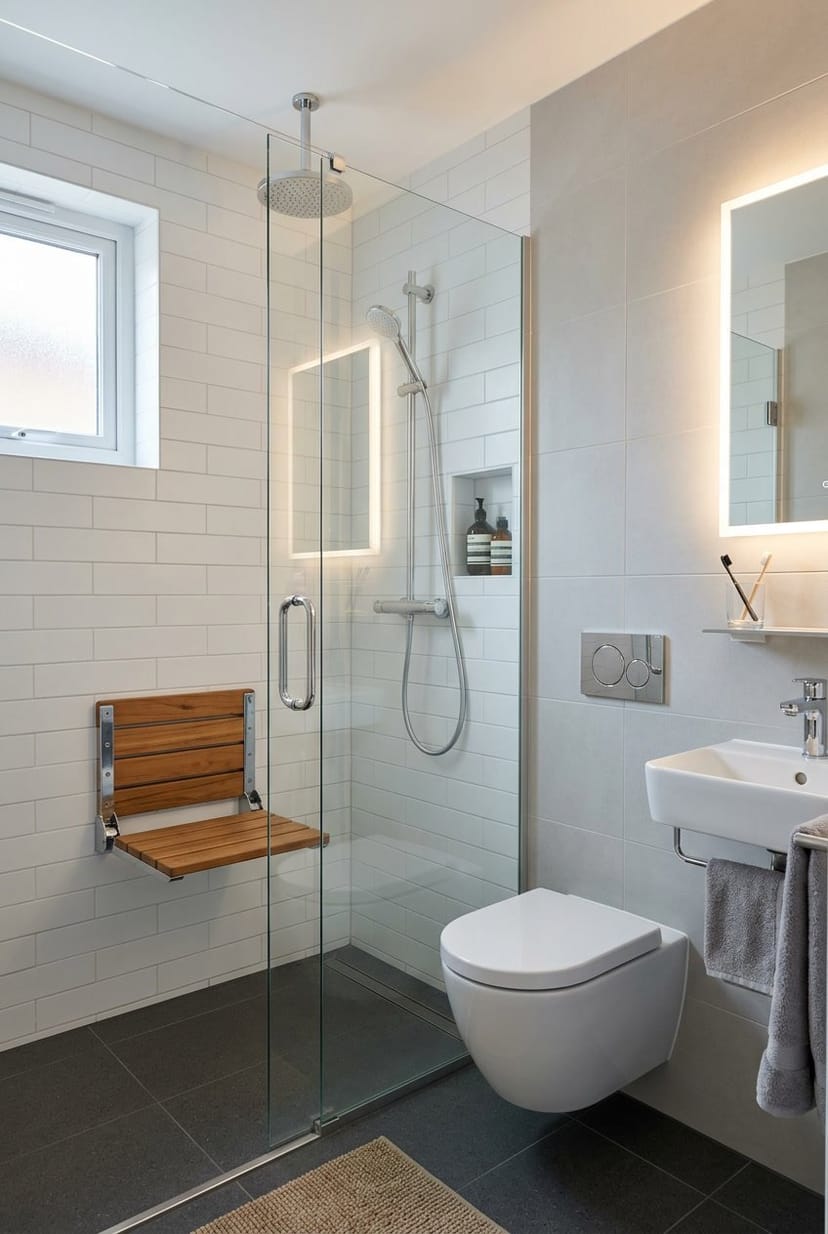 Kompaktes Gäste-WC mit Dusche und klappbarem Duschsitz an der Wand.