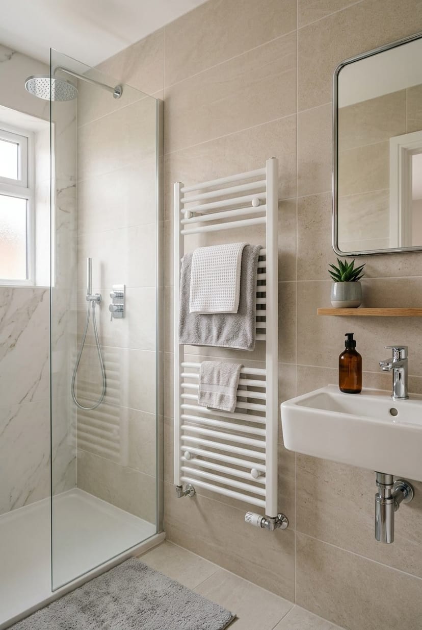 Kleines Gäste-WC mit Handtuchheizkörper und Dusche, hell und modern eingerichtet.