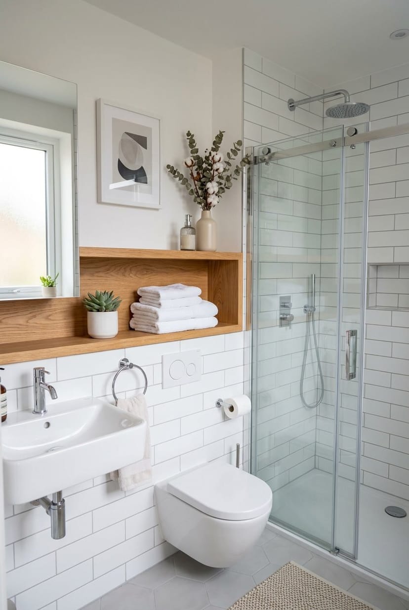 Gäste-WC mit Dusche und einer praktischen Holzablage für Handtücher und Dekoration.