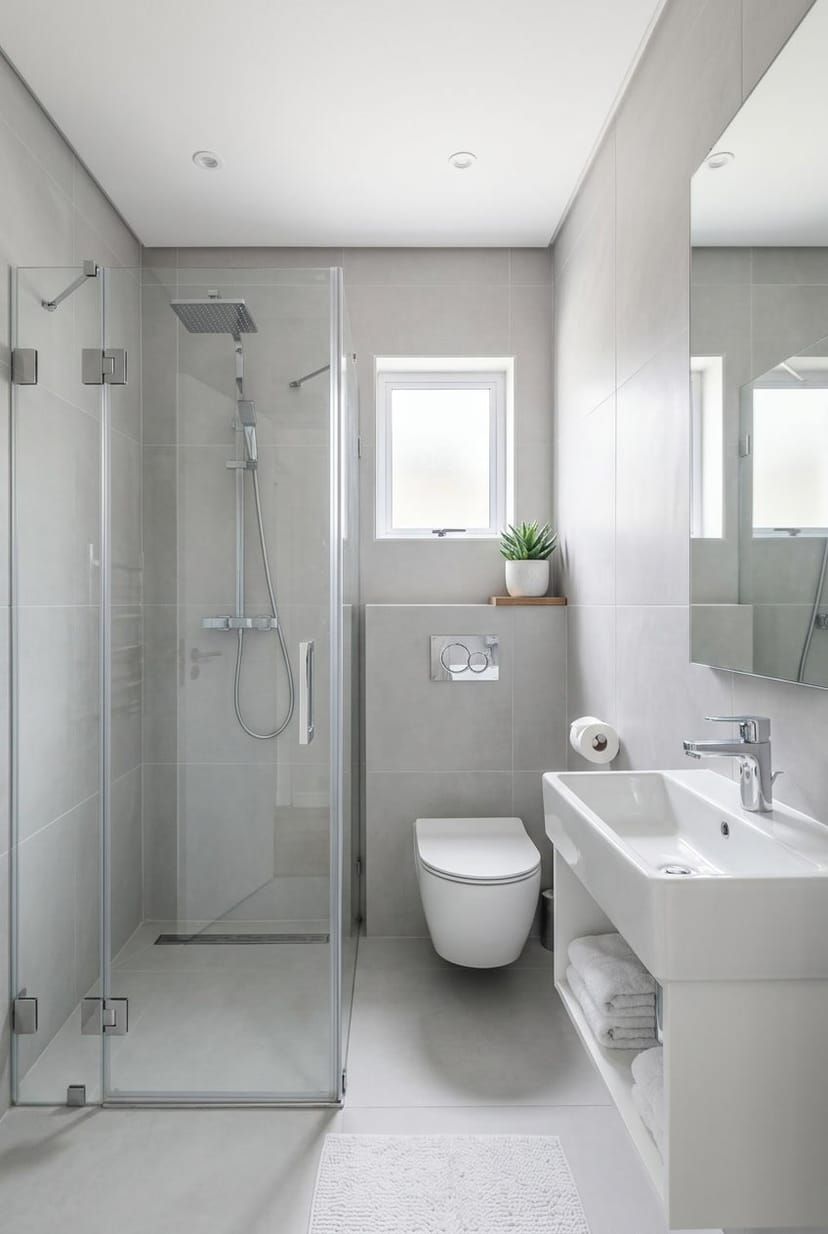 Ein modernes Gäste-WC mit Dusche in Weiß- und Hellgrautönen, mit Glasdusche, Waschbecken und Toilette.